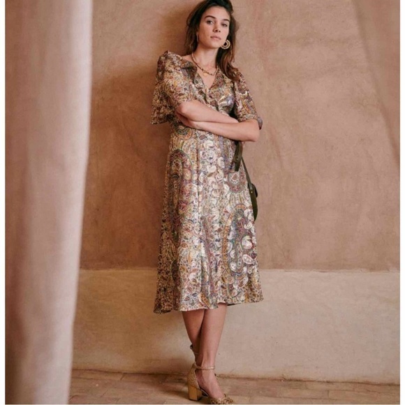 Sézane Paula Metallic Shimmer Silk Midi Dress Paisley Size US 2 - Picture 3 of 15